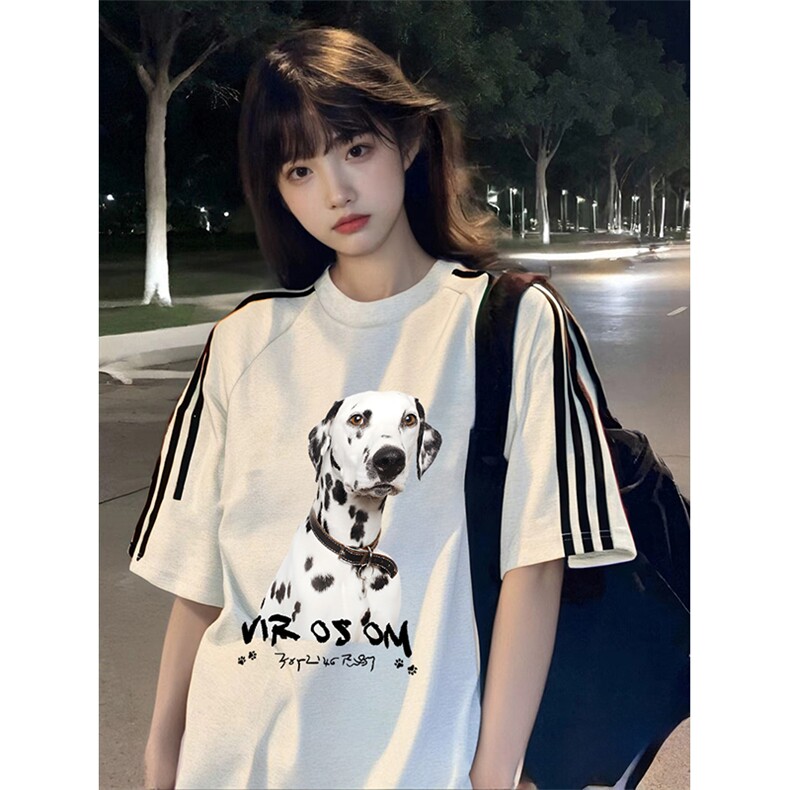 抖音得物高品质二开240克宽松纯棉美式潮牌三条杠织带短袖T恤图片