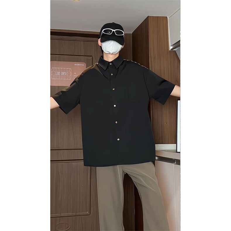 夏季新款短袖衬条纹衫拼接设计感休闲个性衬衣DC2233-特价P30,男装衬衫,电商A007