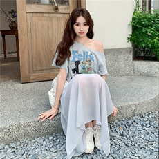 韩系2025夏季新款女时尚洋气圆领收腰显瘦上衣+松紧腰半身裙套装，女装连衣裙，2C323