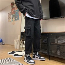 裤子男韩版潮流男裤宽松阔腿工装直筒九分秋季休闲长裤NB409-p35图片