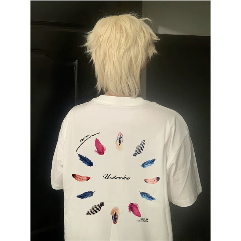 抖音得物供货210克现货宽松纯棉美式潮牌印花落肩袖纯棉T恤AT2118,男装T恤,电商A443