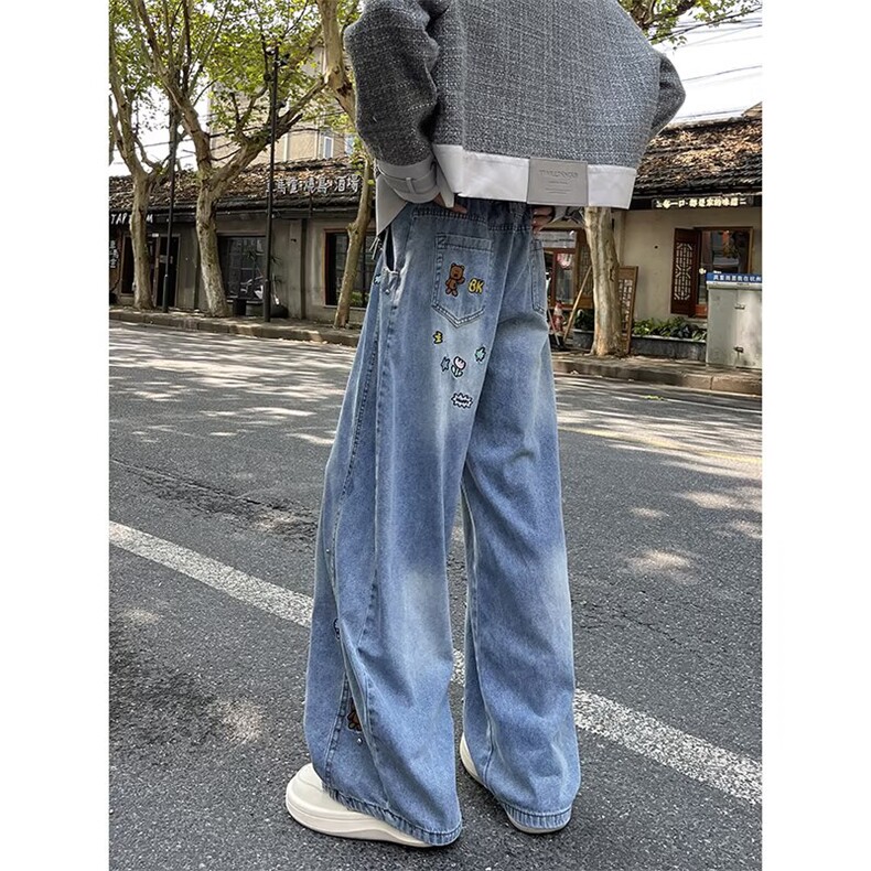 美式刺绣阔腿牛仔裤女2025秋冬新款宽松休闲拖地长裤RK3204-P57,男装牛仔裤,星座412-3