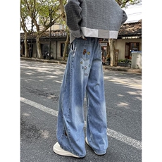 美式刺绣阔腿牛仔裤女2025秋冬新款宽松休闲拖地长裤RK3204-P57，男装牛仔裤，星座412-3
