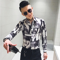 312A-810-P50新款人物印花修身衬衫夜店社会小伙发型师衬衣-1，男装衬衫，星座312A