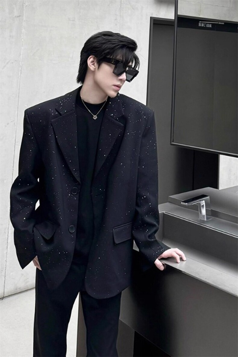男模穿搭满天星黑色休闲西装外套西服XF709特P58,男装西服,星座908-1
