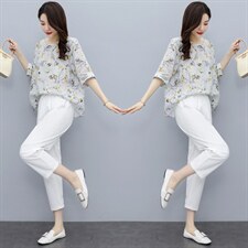 2023夏装新款洋气休闲时尚大码上衣裤两件套宽松阔腿裤棉麻套装女，女装套装/套裙，凝聚力