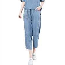 捡漏~时尚妈妈中老年牛仔印花拼接短袖上衣显瘦七分裤女，女装牛仔裤，叶笙衣