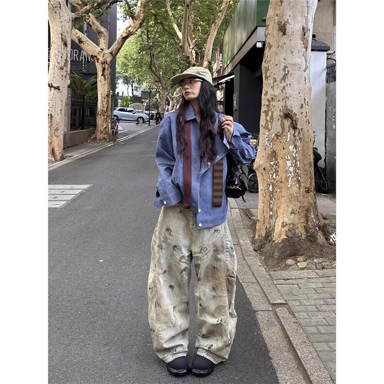 复古废土风做旧低裆设计感拼接弯刀牛仔裤男款美式宽松阔腿长裤潮,男装牛仔裤,星座506A
