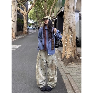 复古废土风做旧低裆设计感拼接弯刀牛仔裤男款美式宽松阔腿长裤潮