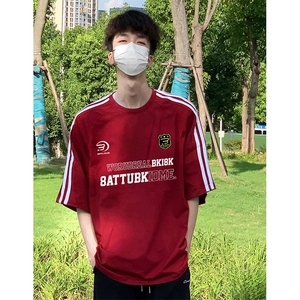 抖音得物高品质二开240克宽松纯棉美式潮牌三条杠织带短袖T恤图片