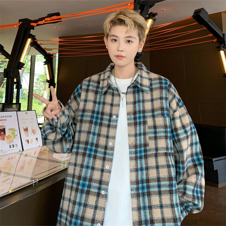 特批P38无差价春季青少年抓毛绒感格子衬衫男士翻领长袖外套C2545，男装衬衫，电商A001