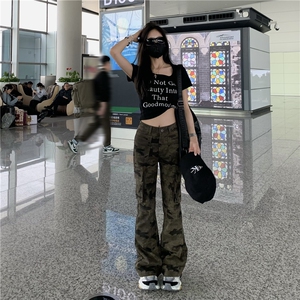 美式复古迷彩修身工装裤男女大码直筒显瘦微喇裤长裤子L17577-p60图片