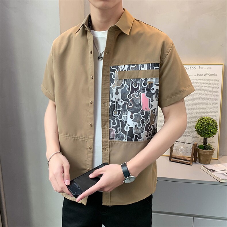 夏季轻熟店主小伙拼色宽松休闲短袖衬衫男衬衣A236-C08-P55-控88图片