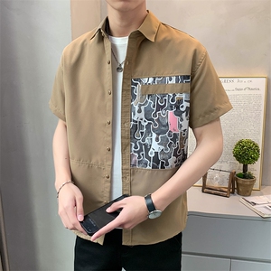 夏季轻熟店主小伙拼色宽松休闲短袖衬衫男衬衣A236-C08-P55-控88图片