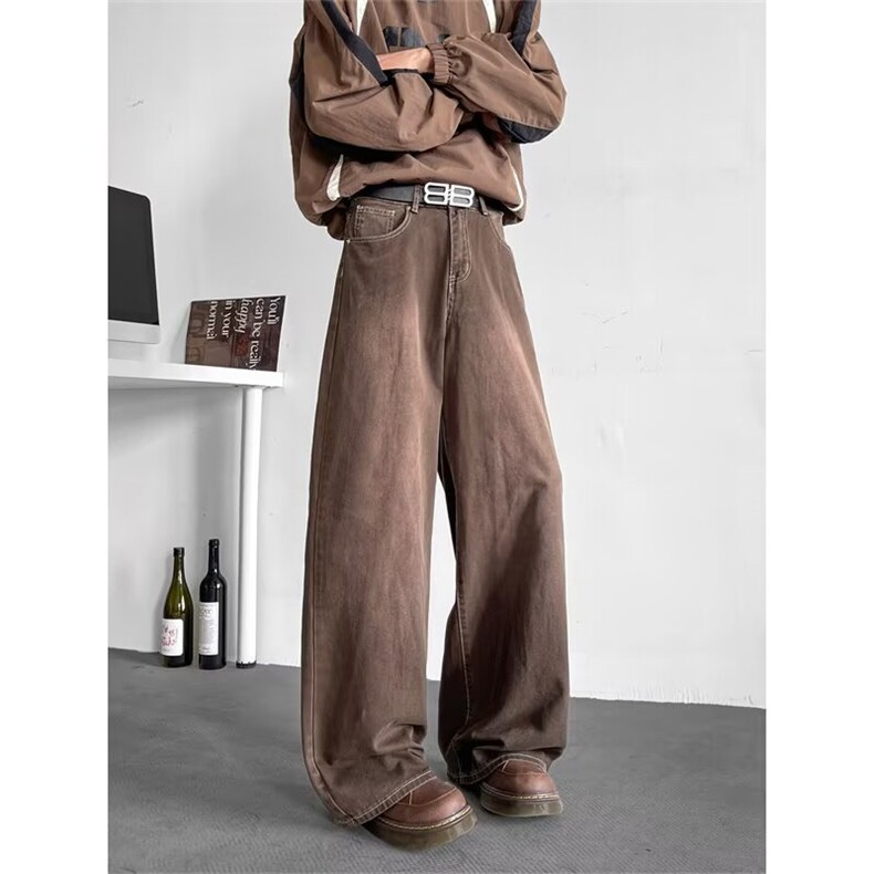 美拉德牛仔裤男冬美式复古高级感休闲宽松棕色阔腿长裤RK2485-P43，男装牛仔裤，星座412-3