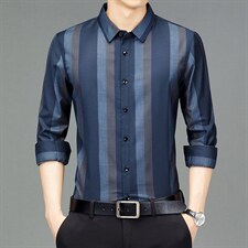 条纹衬衫男长袖2023秋季新款中年商务休闲休闲男士宽松免烫衬衣，男装衬衫，电商B212（原钱塘6029）