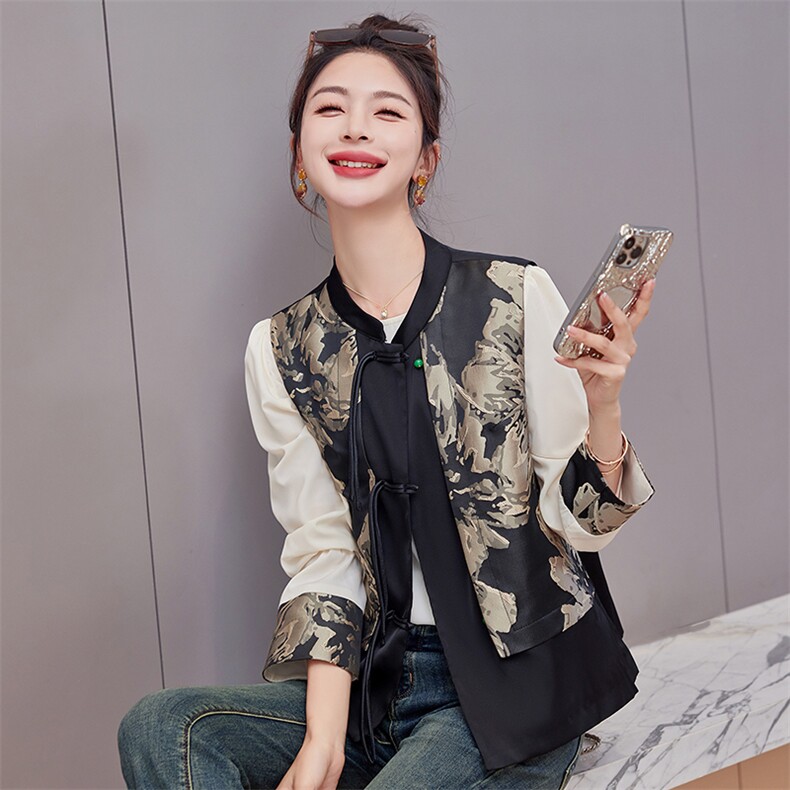时尚女2025年早春新中式复古风印花外套洋气拼色T恤上衣,女装连衣裙,难舍钰依