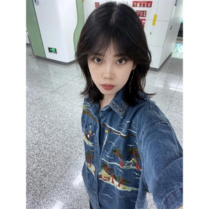 BK908CC-特P58 美式复古刺绣牛仔短袖衬衫男女图片