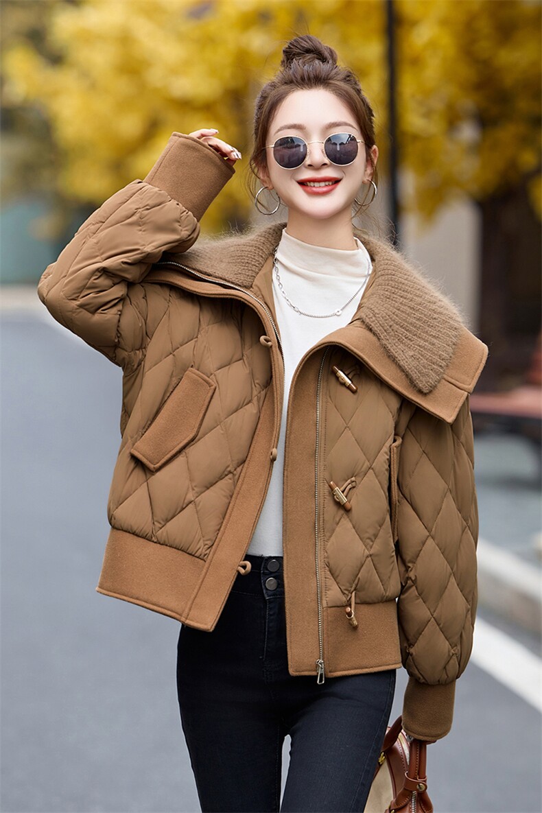 现货主推~短款大翻领洋气羽绒服2024新款女装休闲百搭外套,女装羽绒服,半夏