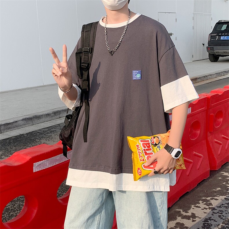 短袖T恤男夏季假两件潮牌宽松圆领青少年情侣款运动休闲短袖上衣,男装T恤,星座1013