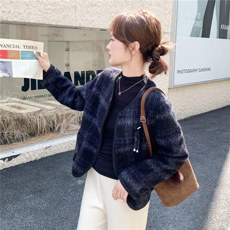 韩系小香风拼接羊毛呢外套女秋冬2025新款设计气质小个子短款大衣,女装毛呢外套,1C130