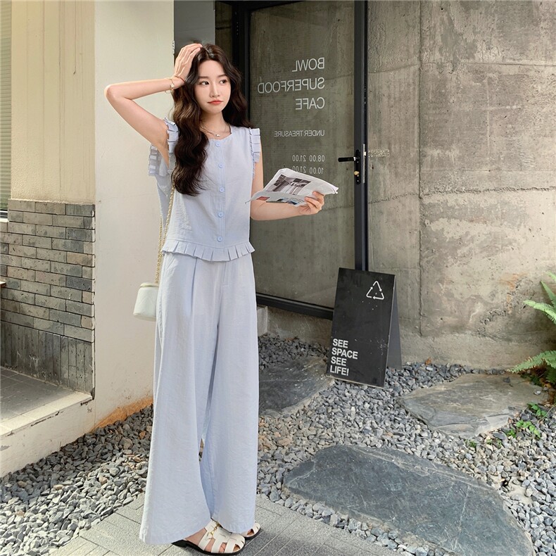 木耳边马甲时尚套装女2025年夏季新款韩版高腰休闲阔腿裤两件套,女装套装/套裙,2C129