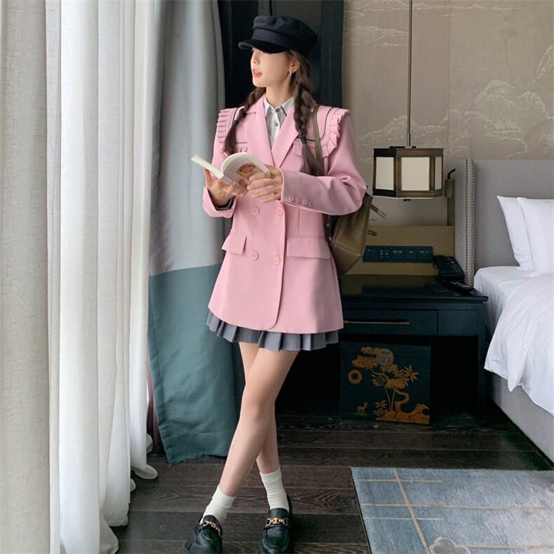 设计感可拆卸海军领粉色小西装外套女春秋季气质宽松休闲时尚西服，女装西装，帛香坊