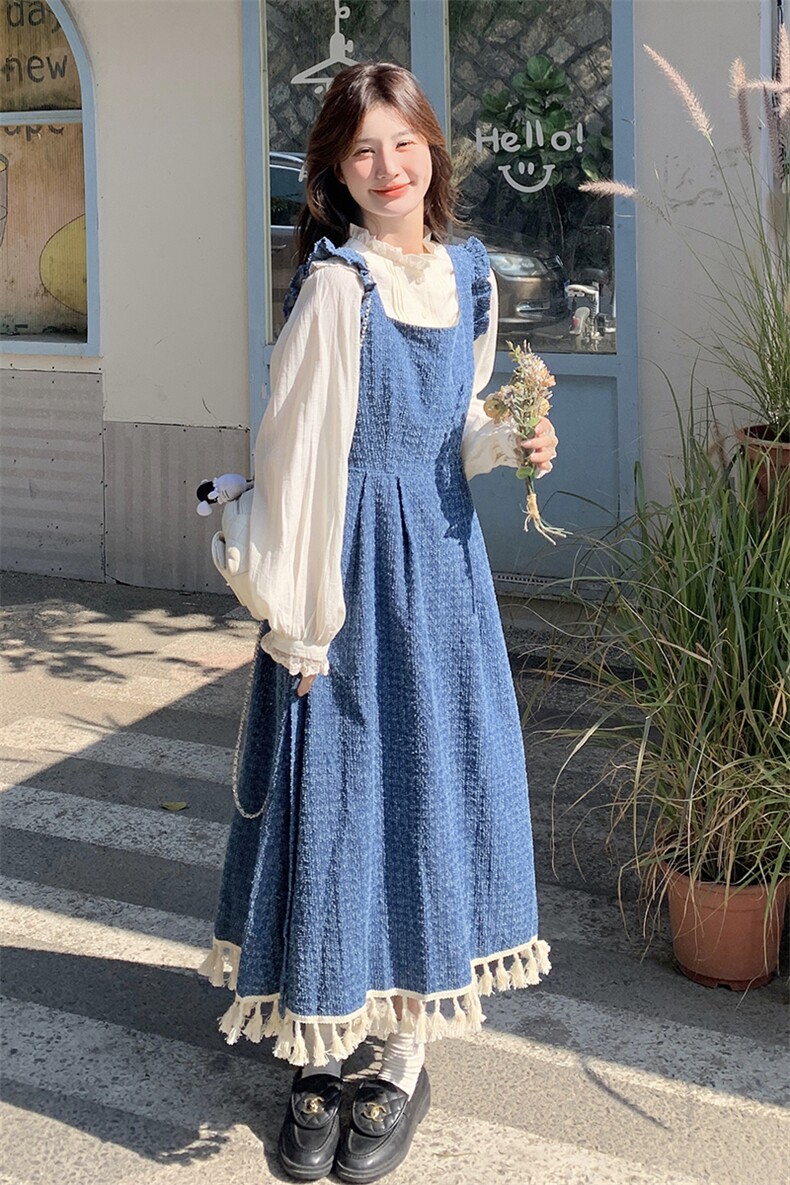 时尚慵懒感牛仔背带裙套装女2025春季新款木耳边衬衫背带裙两件套,女装连衣裙,2C198