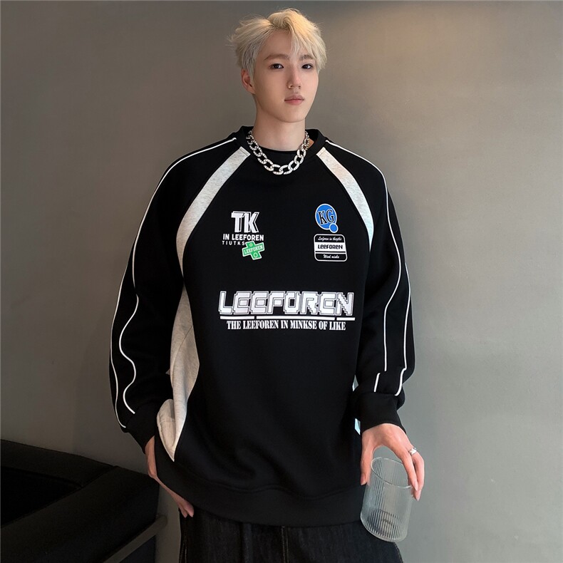 拼接撞色圆领卫衣男春秋款美式宽松套头帽衫W82-P58,男装卫衣,电商C307