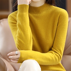 简约气质卷边半高领纯羊毛衫秋冬女修身黄毛衣百搭针织打底羊绒衫，女装羊毛衫，片语羊绒