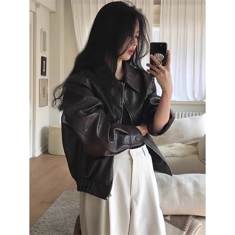 短款黑色皮衣外套女2025年春秋新款酷飒风小个子机车气质复古,男装皮衣,星座506A