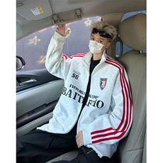 美式拉链袖子条纹开衫外套男女宽松情侣棒球服运动夹克Y8055-53，男装夹克，星座1001-1