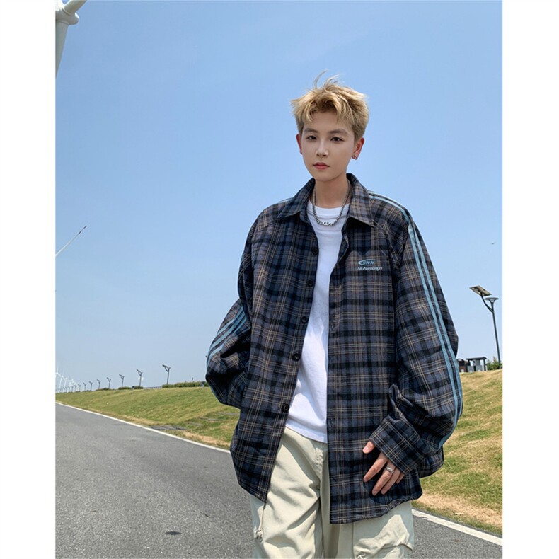 新款潮牌格子衬衫外套男美式复古宽松长袖衬衣C02591-P65,男装衬衫,星座308B-2