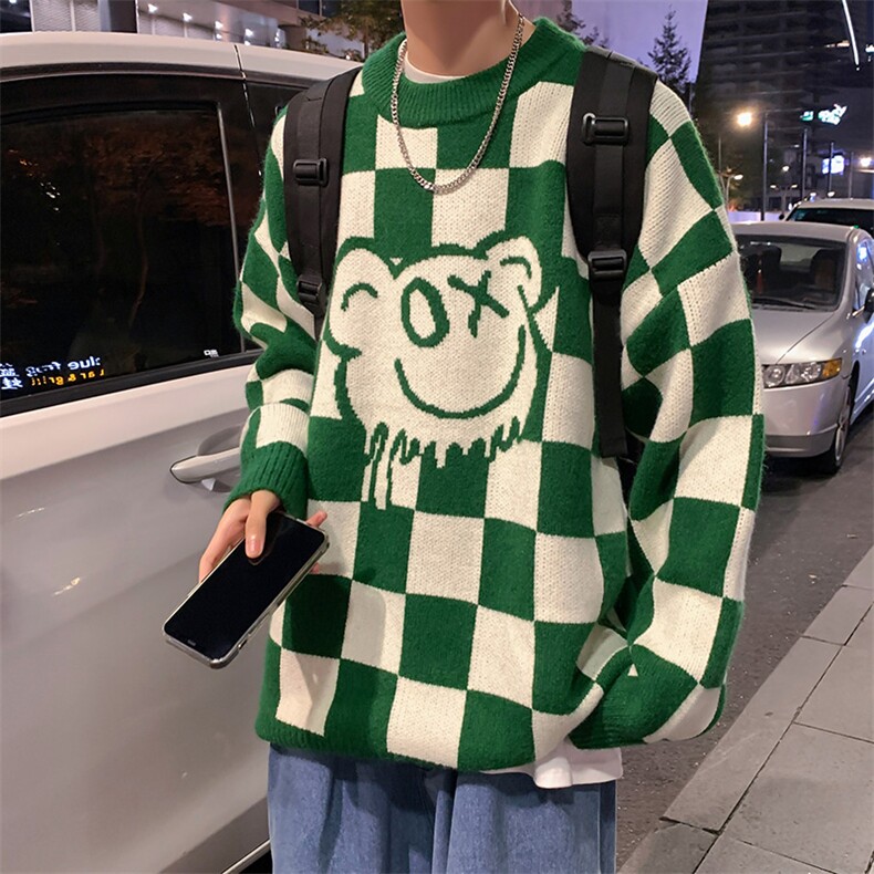 M3119-P80冬季加厚棋盘格休闲百搭毛衣男女情侣宽松针织衫控98图片