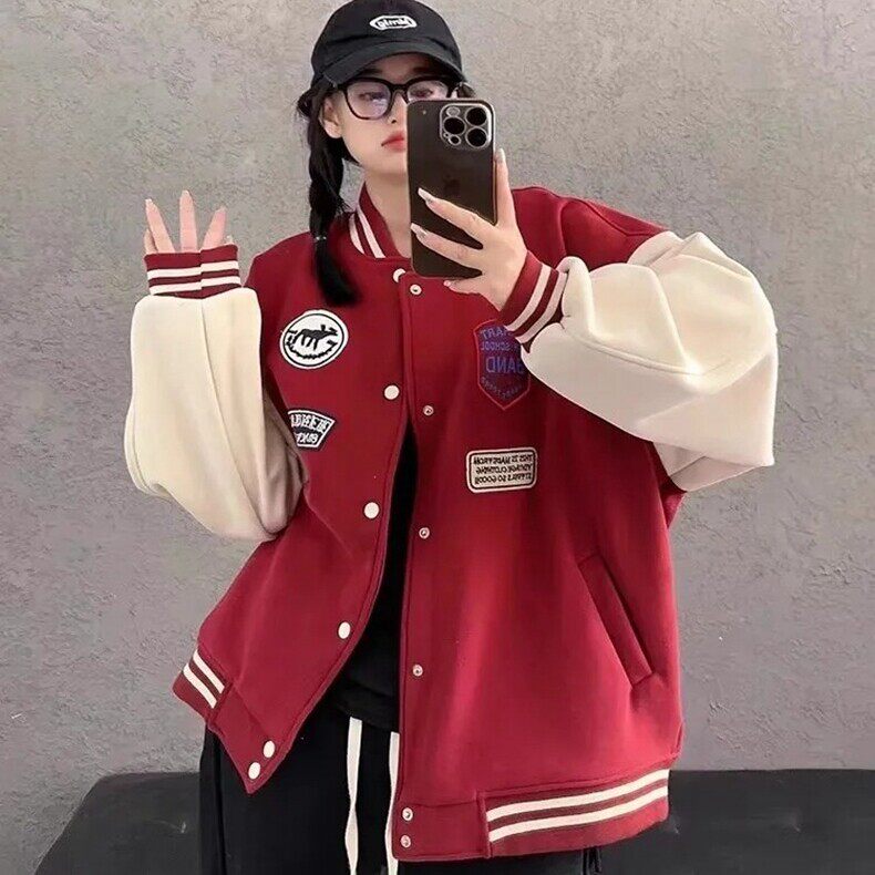 黑色减龄学院风棒球服外套女2025春秋新款美式复古设计感休闲上衣，女装卫衣/绒衫，星座218-8