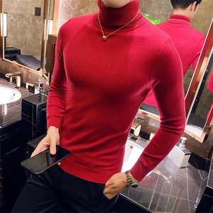 M09/p45两翻高领毛衣男 秋冬纯色修身长袖针织打底衫男内搭毛衣图片