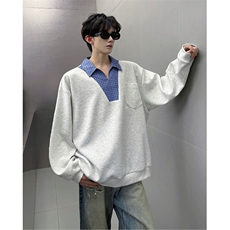 WY10153-特P48控88小众撞色面料拼接格子假两件大码男宽松卫衣，男装卫衣，电商A059