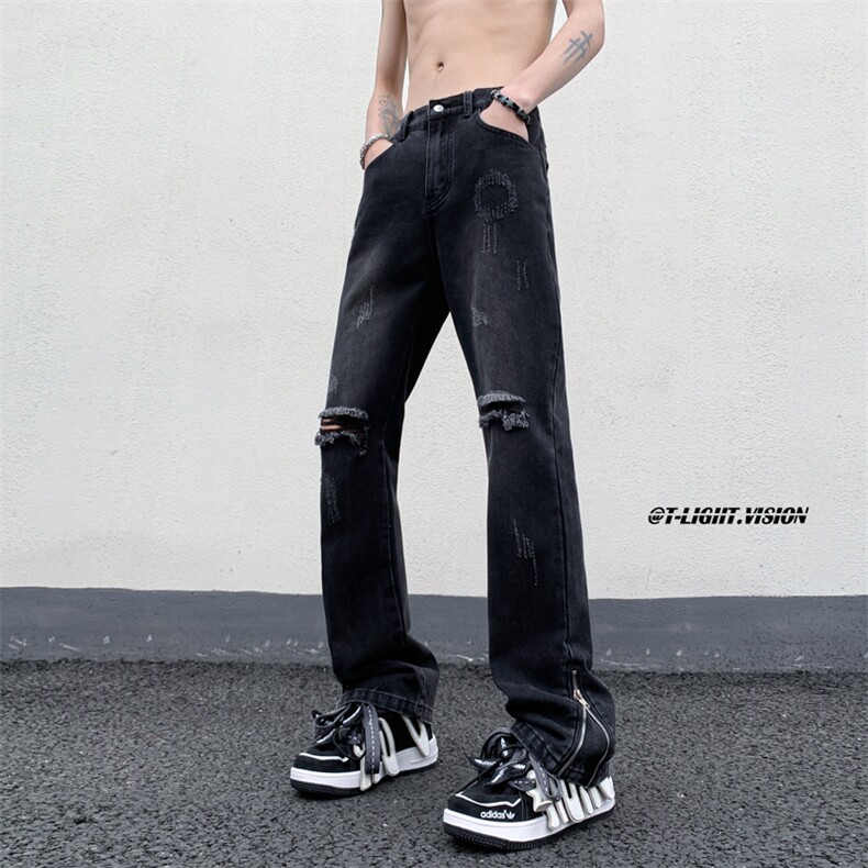 B221美式ins高街暗黑小众拉链破洞牛仔裤LK23076-P65控88,男装牛仔裤,电商B221