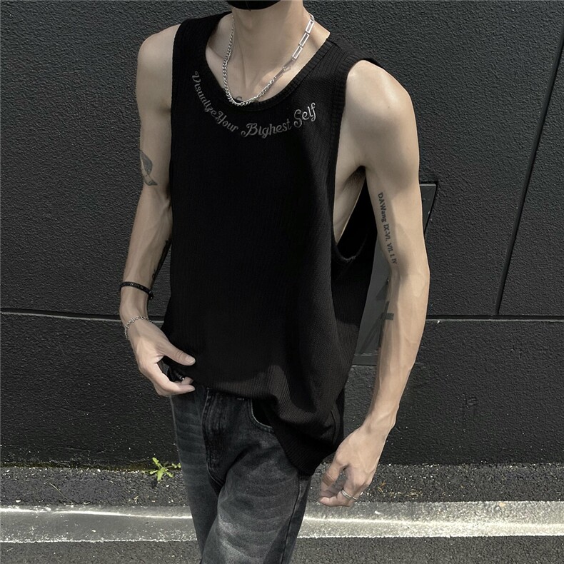 慵懒风2026夏季宽松坑条无袖T恤港风夏装绣花背心男装坎肩S323P23,男装T恤,电商A233-1