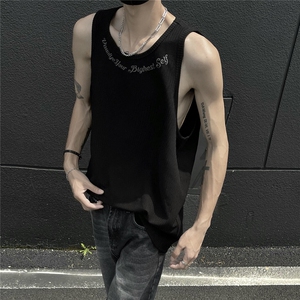慵懒风2026夏季宽松坑条无袖T恤港风夏装绣花背心男装坎肩S323P23图片