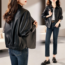 时尚百搭黑色皮衣外套女秋冬季新款宽松显瘦长袖短款机车服上衣，女装皮衣，笃写