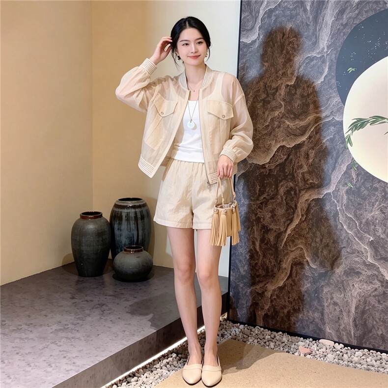 女夏新款赫本风轻熟时尚炸街套装洋气减龄长袖开衫外套短裤两件套,女装套装/套裙,江南