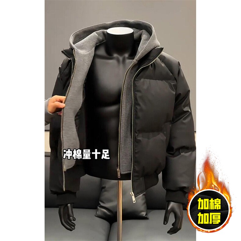 现货高品质重磅工艺美式高街假两件PU皮棉衣男女加厚棉服外套,男装棉衣,电商A443