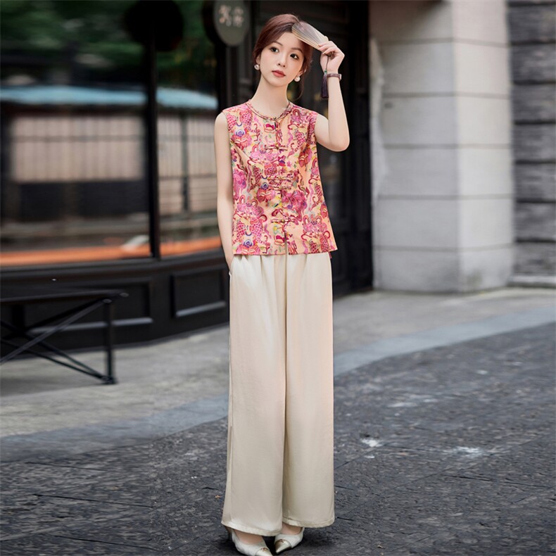 现货！夏季新款2025套装女轻奢高级感印花醋酸缎面两件套,女装套装/套裙,涵墨