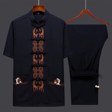 2023夏季新款唐装男士风套装短袖中年复古盘扣宽松舒适两件套，男装民族服装，电商B212（原钱塘6029）