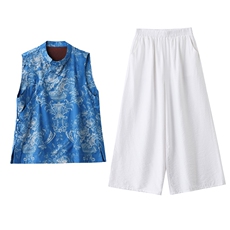 新中式风套装女2025夏季新款气质提花盘扣无袖背心阔腿裤两件套，女装套装/套裙，木橙西子