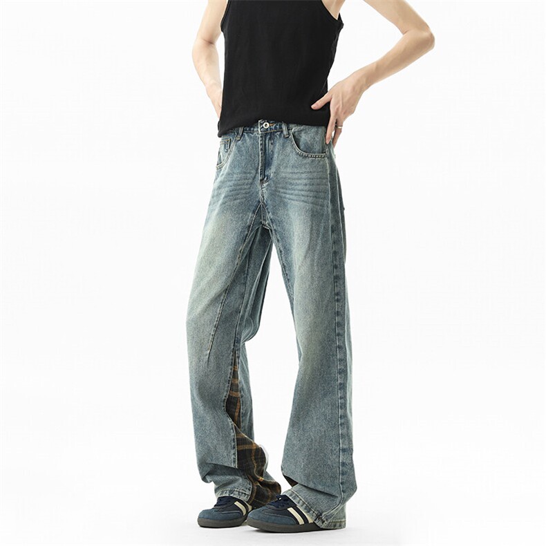 B221美式ins高街暗黑宽松直筒格子拼接牛仔裤LK25466-特P45控78，男装牛仔裤，电商B221