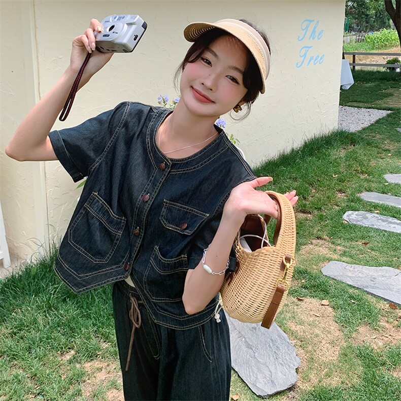时尚复古牛仔套装女夏季2024新款短外套阔腿裤气质显瘦休闲两件套,女装套装/套裙,浙宝305