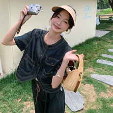 时尚复古牛仔套装女夏季2024新款短外套阔腿裤气质显瘦休闲两件套，女装套装/套裙，浙宝305