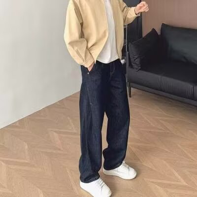 原色牛仔春秋季美式时尚复古弯刀裤牛仔裤男款宽松直筒阔腿长裤子,男装牛仔裤,星座506A